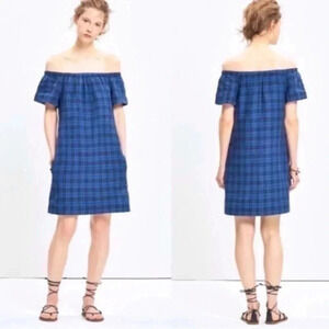 Madewell | Black & Blue Plaid Off The Shoulders Linen Dress Size 6 Small